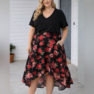 Torrid Black and Pink Floral A-Line Skirt